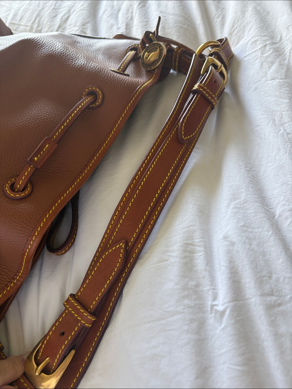Dooney & Bourke Brown Leather Drawstring Bucket Bag with Yellow Stitching - Picture 7 of 7